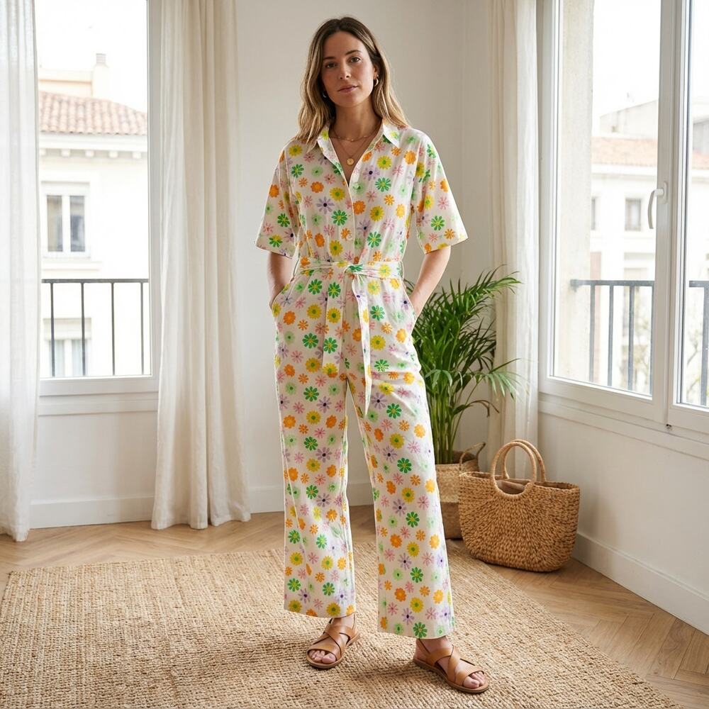 Compania Fantastica White Floral Print 60s Cotton Button Jumpsuit, size S